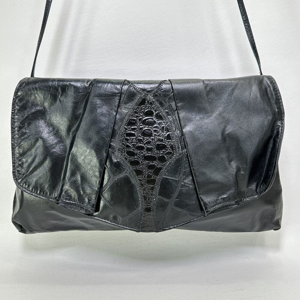 Convertible Black Leather Handbag M Clutch Shoulder Faux Croc Center Panel Lined
